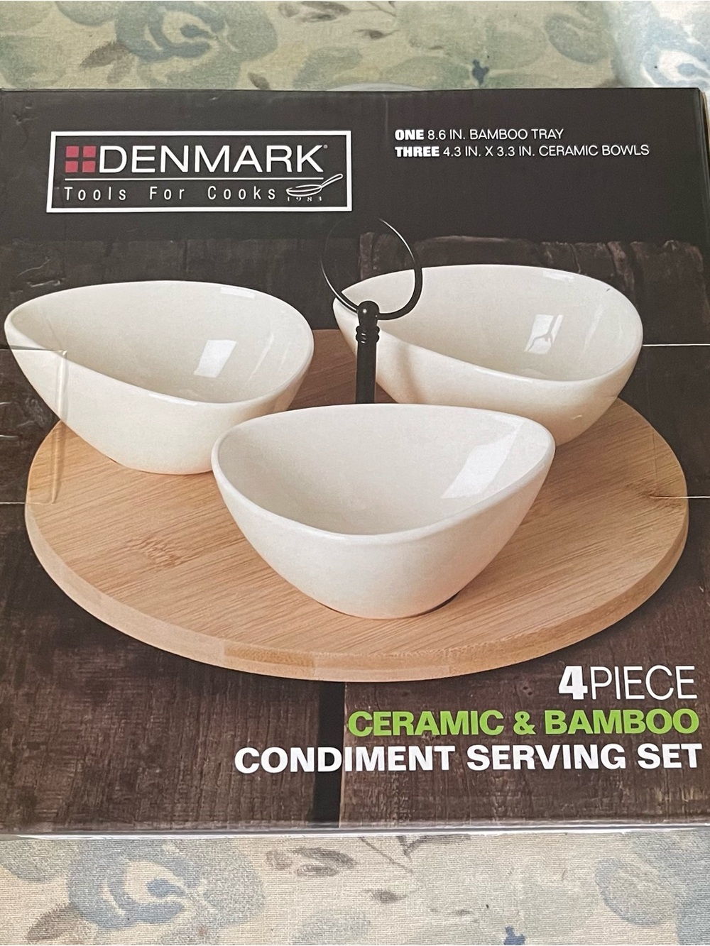 Denmark 4-Piece Ceramic & Bamboo Condiment Serving Set in White